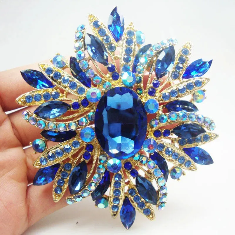 Pins Brooches Fashion Luxury Design Vintage Style Blue Oval Flower Pendant Brooch Pin Crystal Gold Tone Multicolor Selection 231214