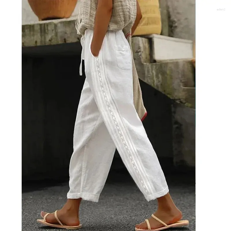 Pantalon femme été coton lin blanc taille élastique dentelle poches décontracté femme ample mode dames bas