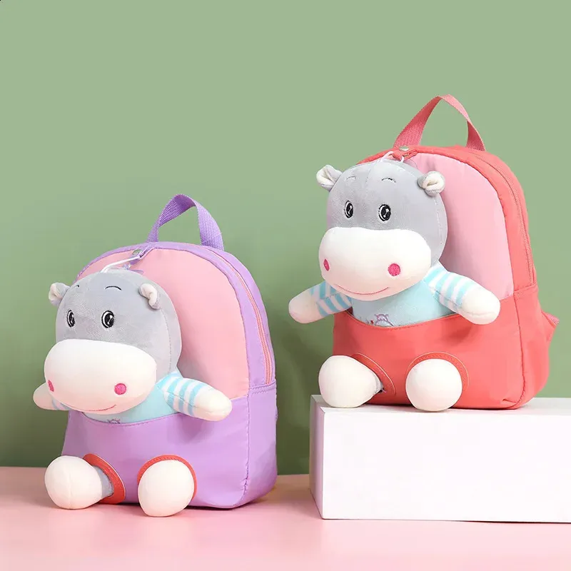 Backpacks 3D cartoon hippopotamus childrens backpack childrens plush bag mini backpack cute unicorn school bag kindergarten boys and girls school bag 231214