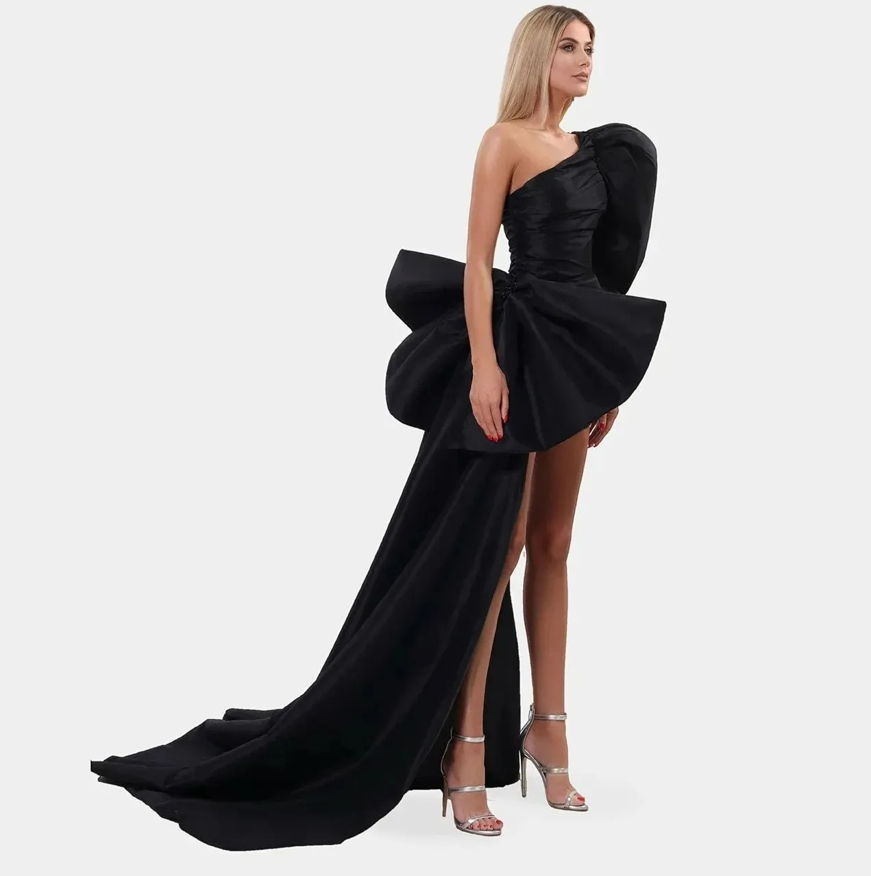 Svart kort prom festklänning 2024 One Shoulder Beading Puff Sleeves Satin Bow Pageant Evening Graduation Gown Robe de Soiree