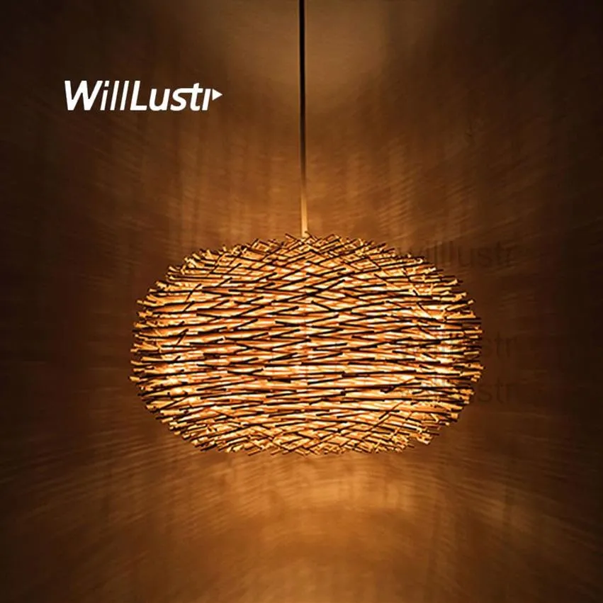 WillLust Wicker Pendant Lamp Handmade Bird Nest Suspension Light El Restaurant Mall Bar Lounge Porch Rattan Hanging Chandelier297n