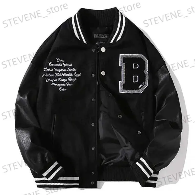 Men's Jackets Spring Fall Stitching Leather Sleeve Bomber Jacket Letter Embroidered Black Baseball Uniform Men Women Couple Casual Streetwear T231215