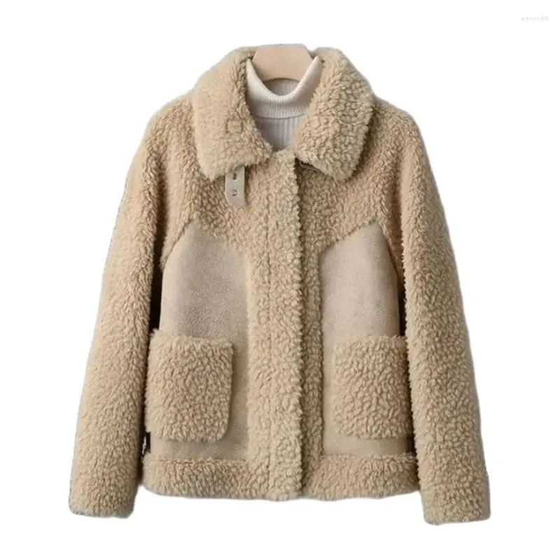 Kvinnors päls 2024 Autumn Winter Lambwool Jacket Womens Chic Splice Lamb Wool Coat Topps Women Korean Bomber Outwear Woman Suede Jackets