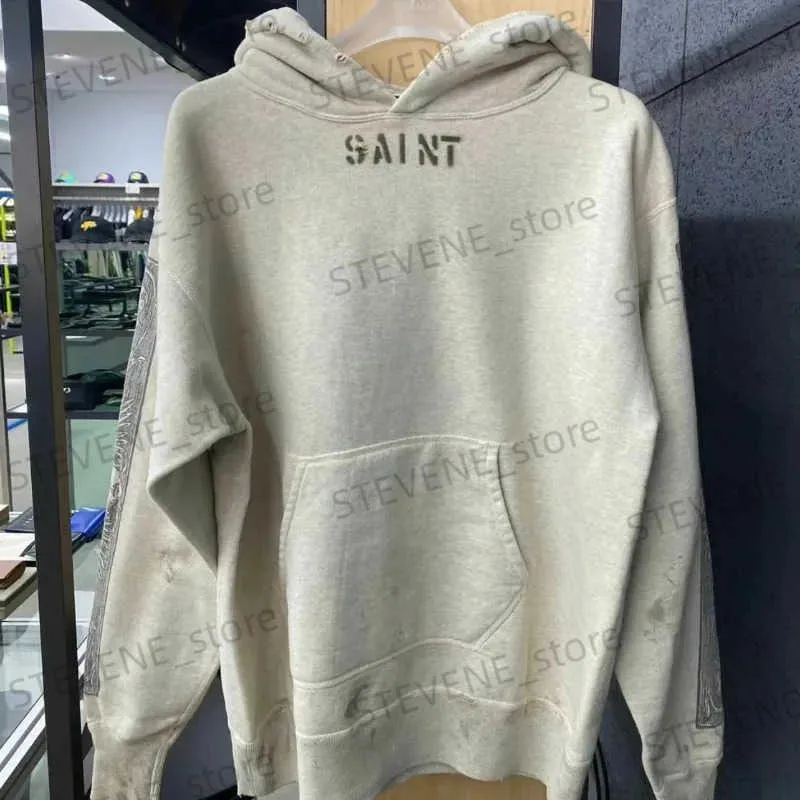 Heren Hoodies Sweatshirts Saint Michael Washed Hoodie Oversized Vintage Heren Dames 1 1 Beste kwaliteit Vernietigde Sweatshirts met capuchon T231218