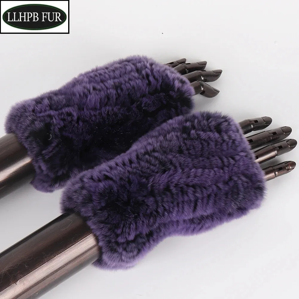 Cinco Dedos Luvas Chegada Meninas 100% Real Genuína Malha Rex Rabbit Fur Mittens Inverno Quente Real Fur Fingerless Luvas Mulheres Knit Fur Mitten 231214