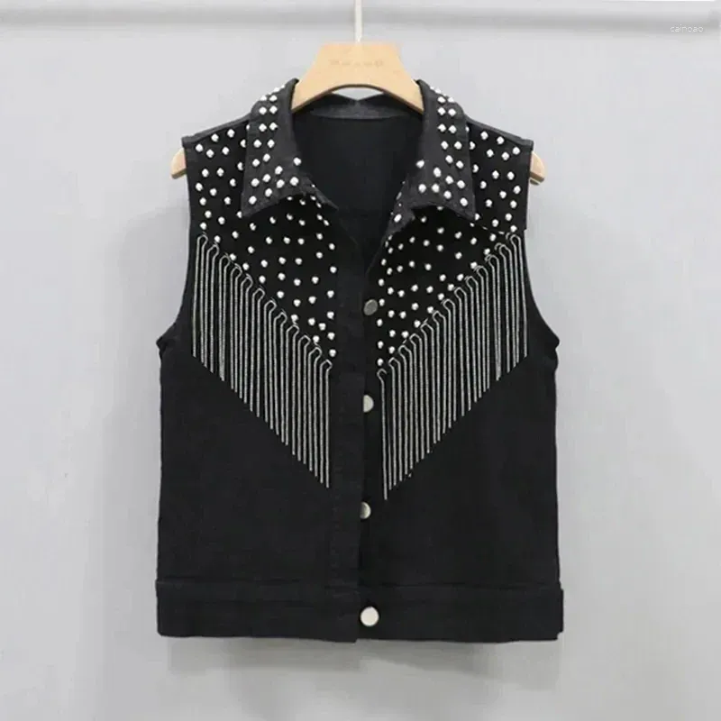 Women's Vests Sleeveless Jean Coat 2023 Female Black White Rivet Tassel Denim Vest Short Waistcoat Jacket