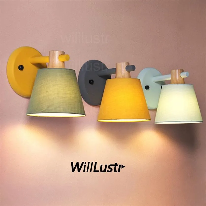 WillLustr wall lamp sconce color fabric shade oak wood iron arm wall sconce bedside kitchen sofa side el restaurant light yello270e