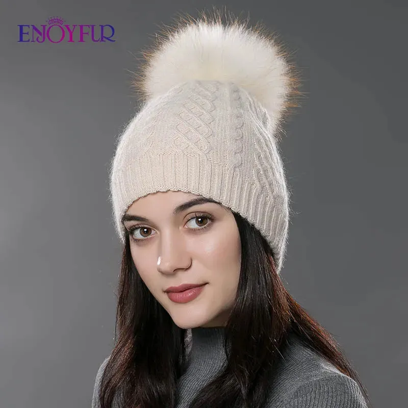 BeanieSkull Caps ENJOYFUR Winter Fur Pompom Hats For Women Cashmere Wool Knit Beanie Hat Soft Warm Double Layer Skull Beanie Real Fur Bobble Hat 231215