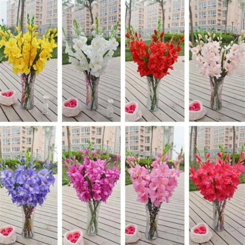 Silk Gladiolus Flower 7 Heads Pieczek Fałszywa lilia na przyjęcie weselne sztuczne dekoracyjne kwiaty 80 cm 12pcs265v