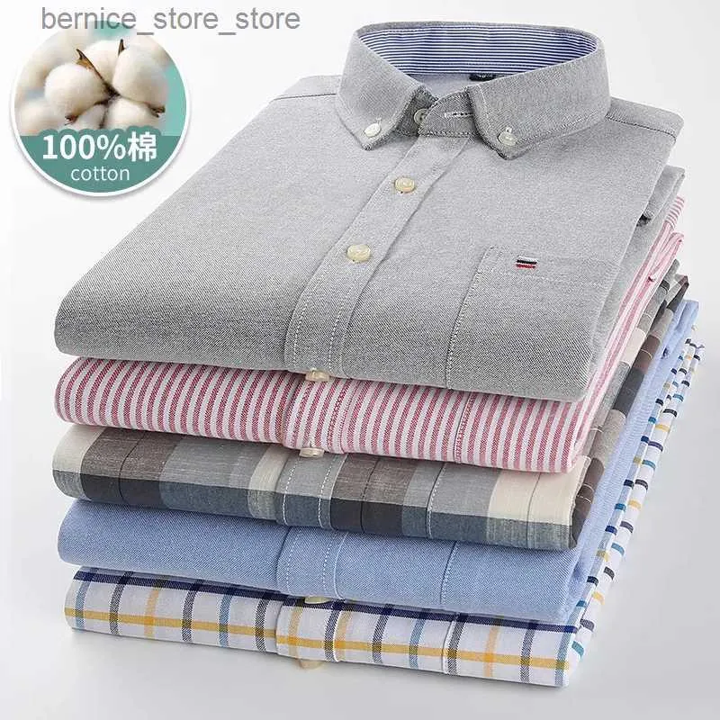 Herrpolos nya mäns rutiga skjorta 100% Pure Cotton Oxford Long Sleeve Spring Casual Solid Daily Dress Shirts Button-Down Collar Big 7xl Q231215