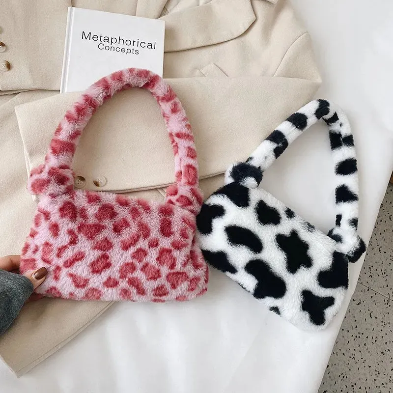 Evening Bags Fashion Women Cow Print Mini Shoulder Female Winter Plush Underarm Leopard Zebra Pattern Fluffy Tote Small Purses 231215