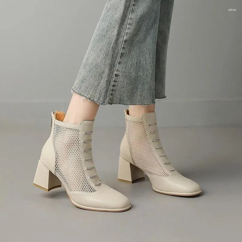 Sandalias Botas de verano Volver Zipeprs Zapatos de punta cerrada para mujeres Cuero de vaca Malla Gladiador Med Tacón 6 cm Estilo romano Diario