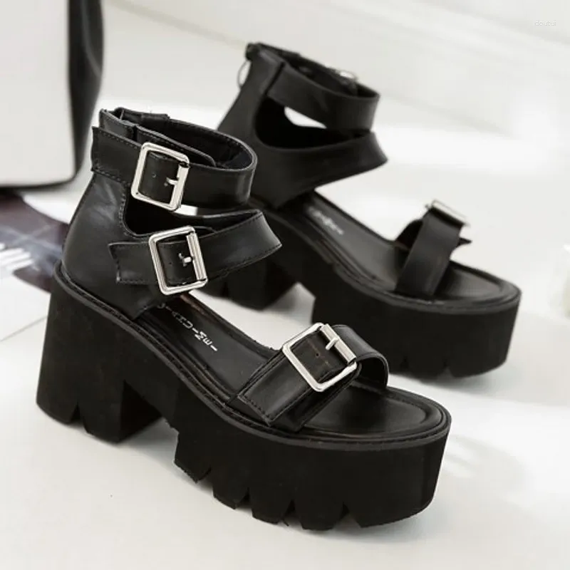 Zapatos de vestir con correa en el tobillo, sandalias de moda de verano para mujer, plataforma con punta abierta, tacones altos y gruesos, zapatos de fiesta únicos negros para mujer j87