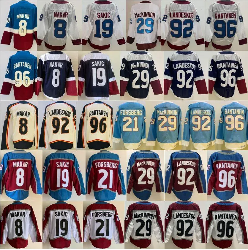 CUSTOM Herren Hockey 92 Gabriel Landeskog Trikot Reverse 8 Cale Makar 96 Mikko Rantanen 19 Joe Sakic 21 Peter Forsberg 29 Nathan MacKinnon Sta