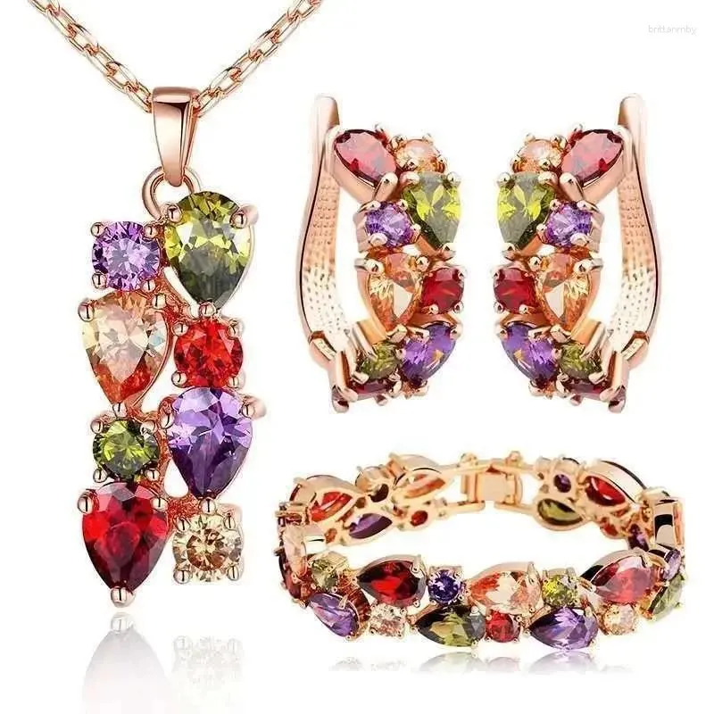 Collana Orecchini Set Gioielli europei e americani Moda Gocciolina di cristallo Sposa africana Zircone colorato Tre pezzi