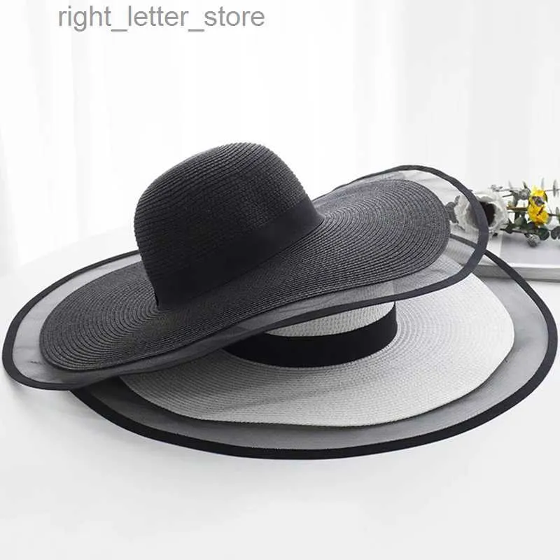 Wide Brim Hats Bucket Hats 15CM Wide Brim Straw Hat Lace Beach Hats Women Fashion Ladies Summer New 2021 UV Protection Foldable Sun Shade Cap Sunhat YQ231215