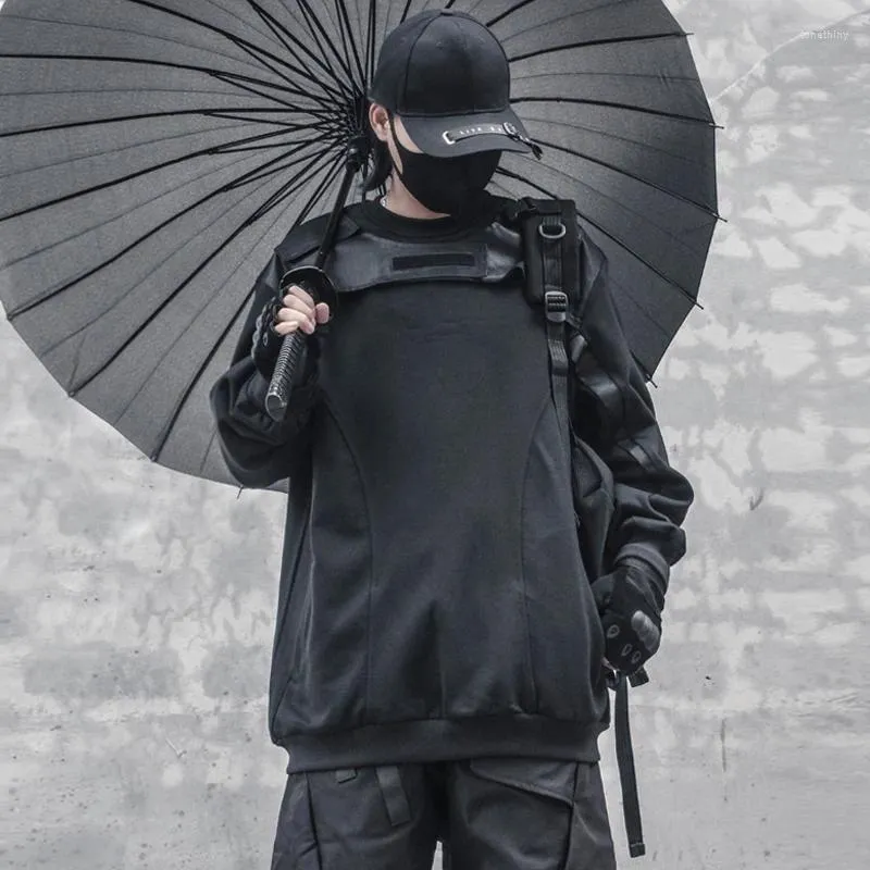 Herrspårar Techwear Women Dark Patchwork Samurai Crew Neck Pullover Hoodie Casual High Street Trend Base