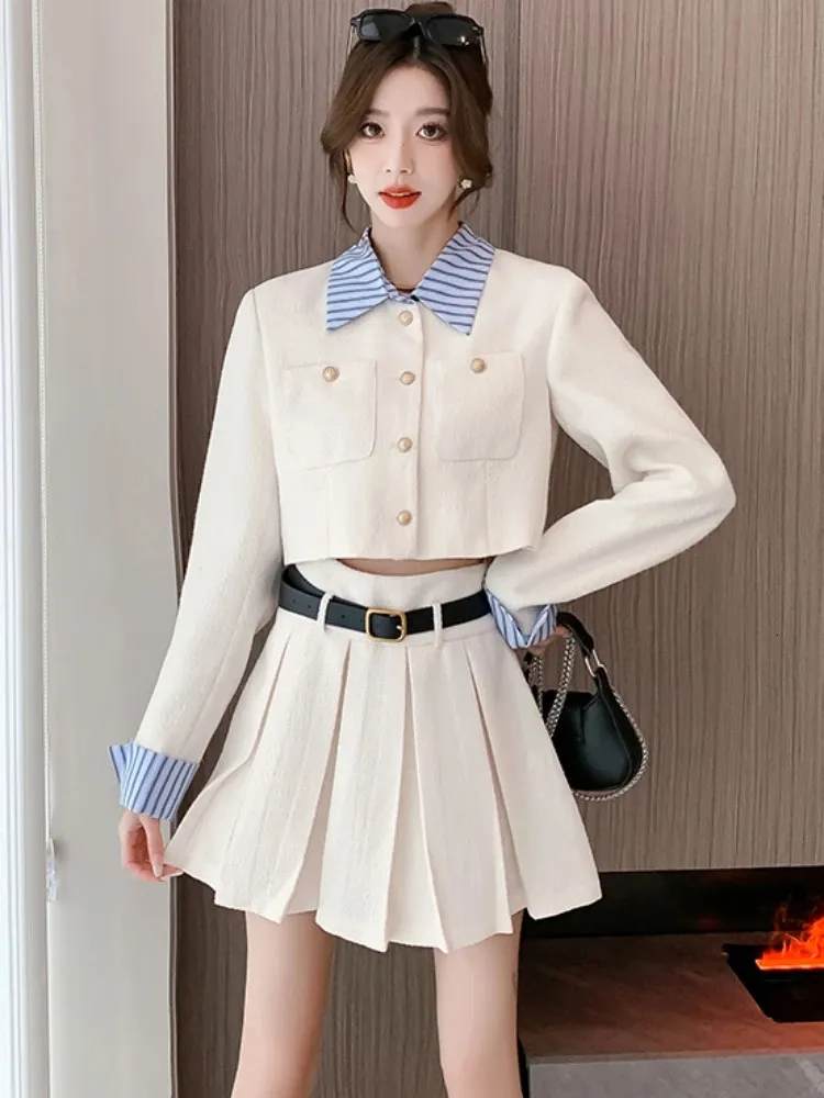 Two Piece Dress Autumn Winter Small Fragrance Tweed 2 Piece Sets Women Striped Contrast Pocket Short Jacket Coat Belt Mini Pleated Skirt Suits 231215