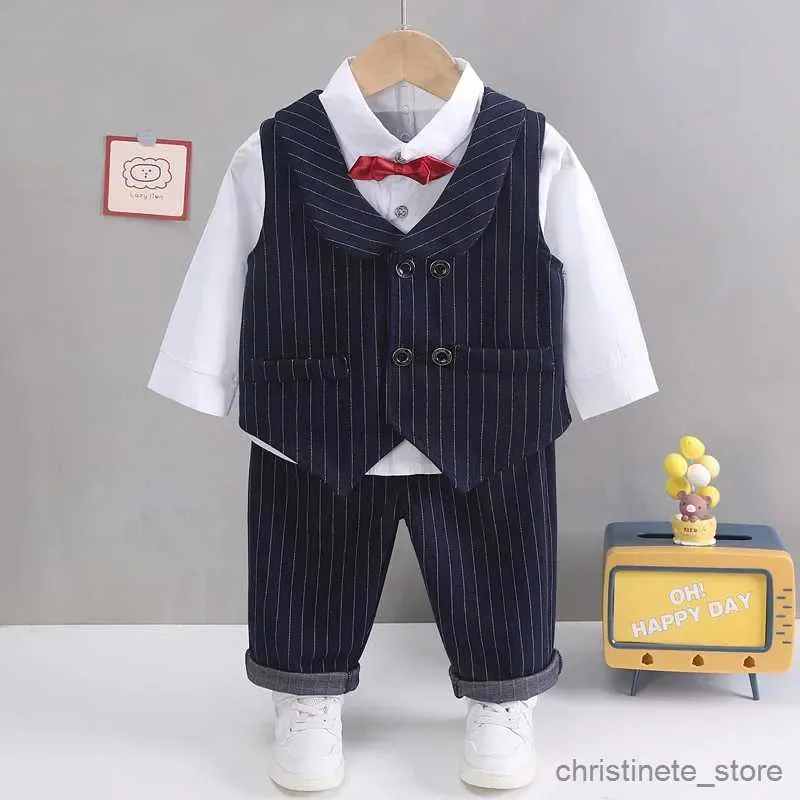 Комплекты одежды 2023, новый детский однотонный клетчатый костюм джентльмена, галстук для мальчика, рубашка, брюки, комплект из трех предметов, детское торжественное платье R231215