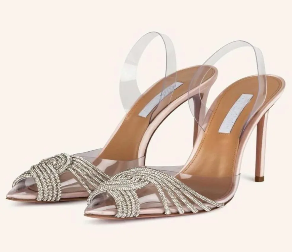 Top Luxury aquazzuras Gatsby Sandalias Zapatos Mujer Slingback Crystal Swirls PVC Toecaps Bombas Punta estrecha Lady Party Wedding High He1814912