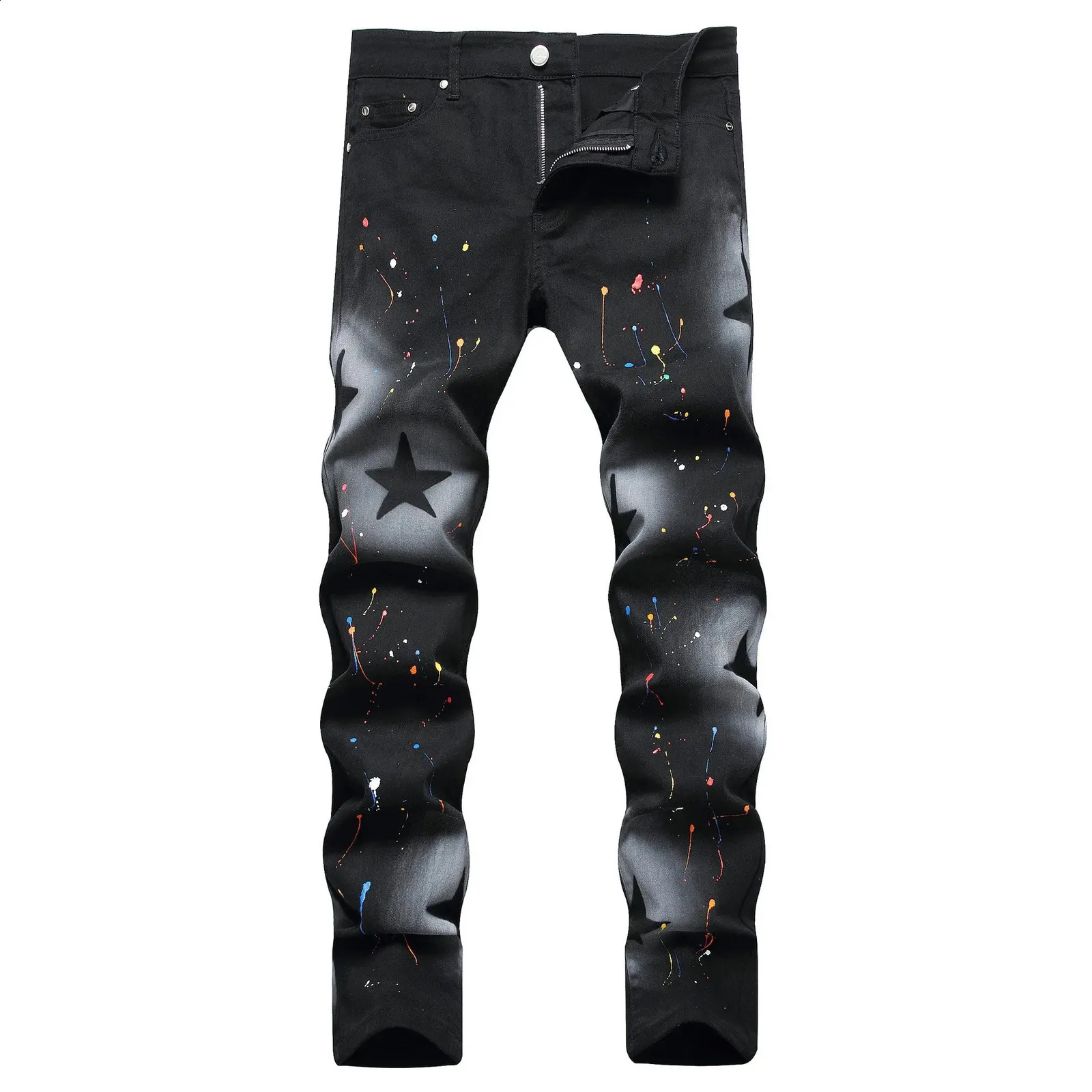 Herr jeans 2023 stil svart färgad färg stretch high street stjärna tryck smal elastisk mager denim byxor herr penna 231214