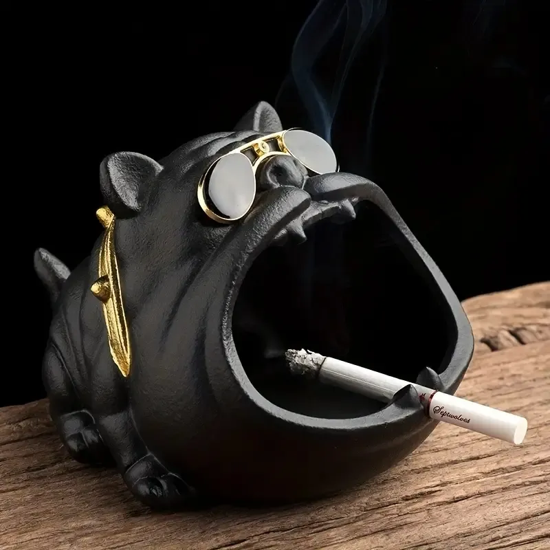 1pc Cute Ceramic Cartoon Dog Ashtray - Large Capacity Windproof Cigarette Holder for Indoor/Outdoor Use - Perfect for Office Desktop and Home Decor - Black Bulldog Design