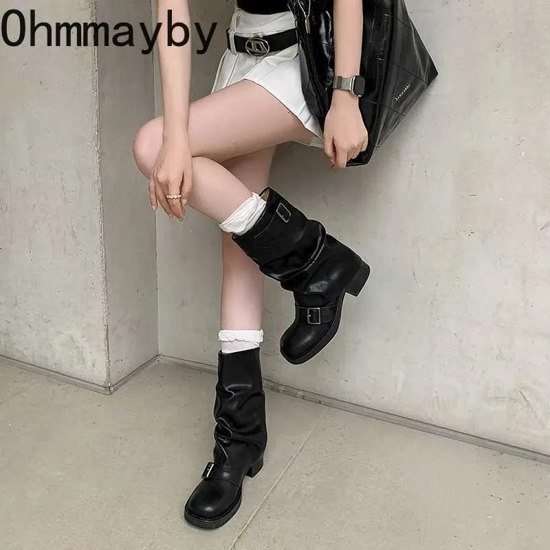 Fashion Square Low Heel Womens Mid Calf Winter Boots Designer Brand Ladies Long Shoes