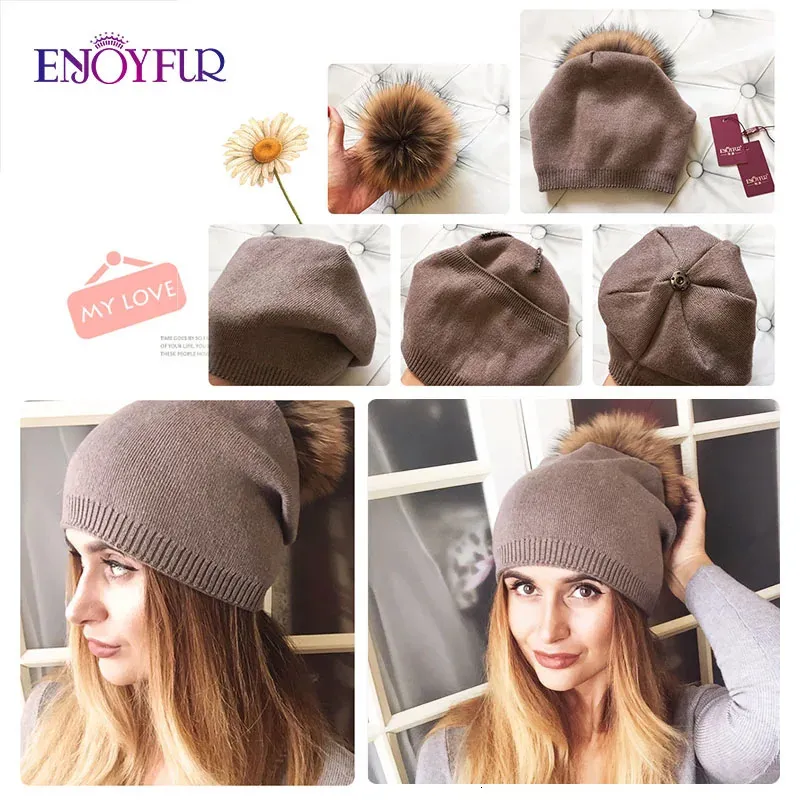 ENJOYFUR Winter Fur Pompom Hats For Women Cashmere Wool Knit