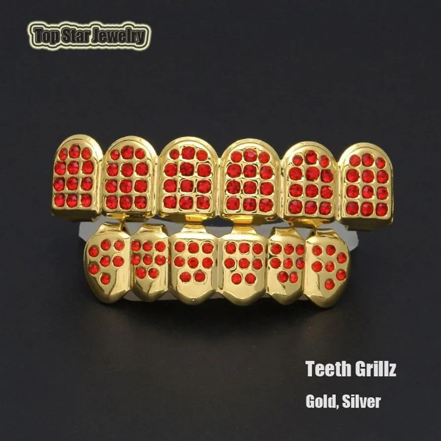 Hip Hop Party Cosplay Bio Copper Gold Teeth Grillz Caps Top Bottom Shiny Bling Bling Red CZ Charm Grill Set Tooth Socke2051