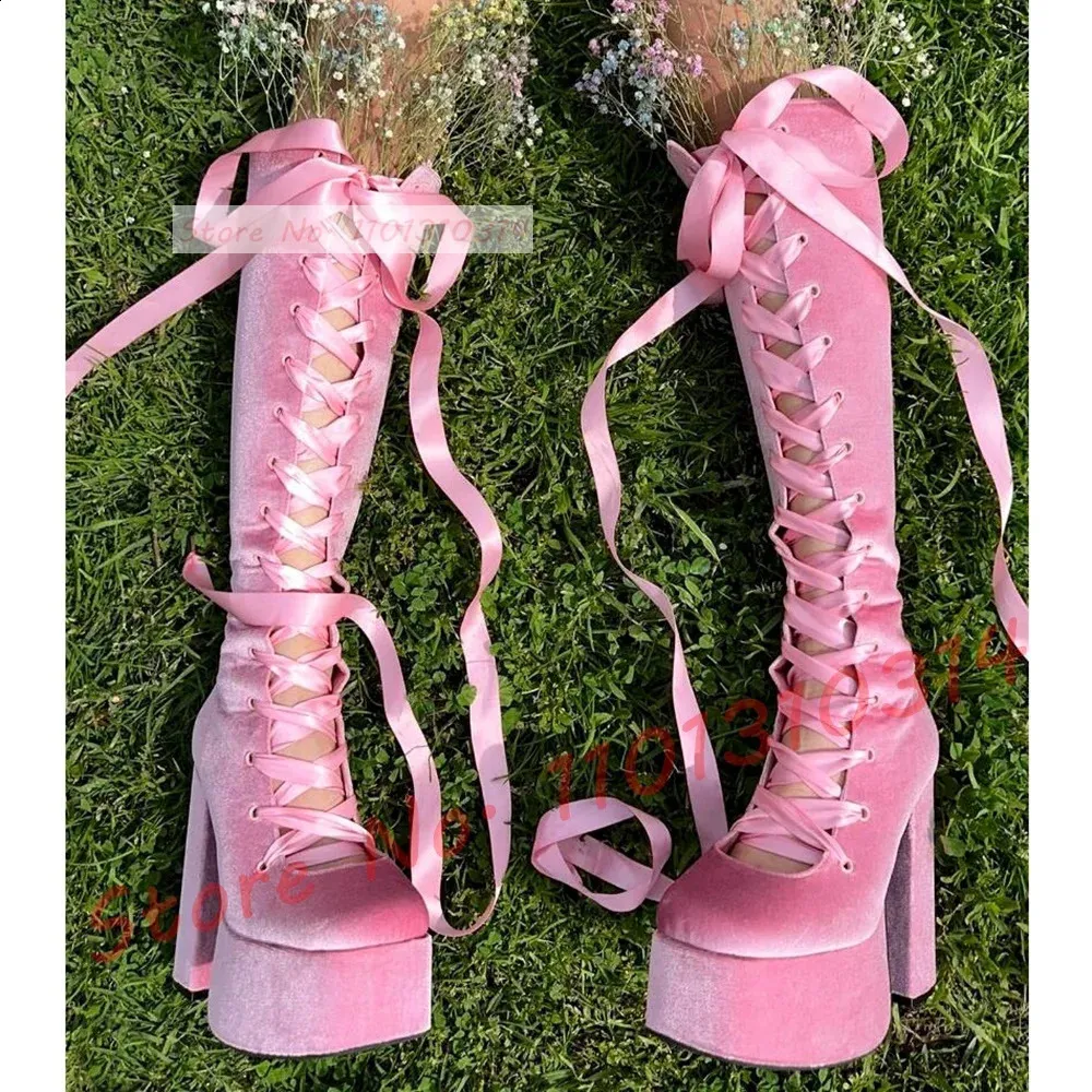 Boots Satin Ribbon Platform Long Boot Pink High Block Heels Front Cutouts Suede Shoes Ladies Sweet Party Laceup Knee 231214