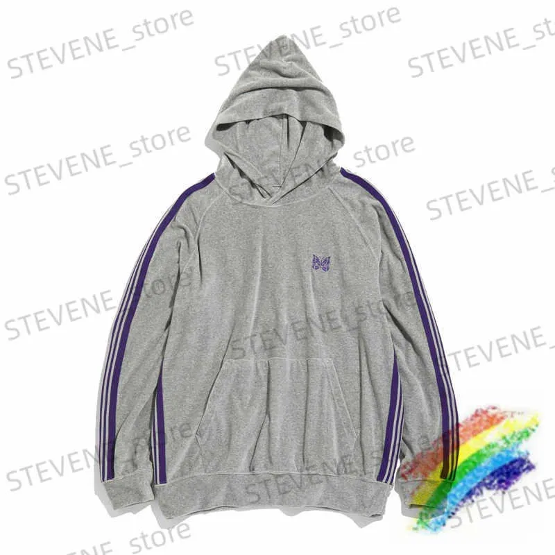 Heren Hoodies Sweatshirts Grijze Naalden Hoodie Mannen Vrouwen 1 1 Beste kwaliteit Paarse Streep Borduren Vlinder Naalden Trui AWGE Sweatshirts T231215