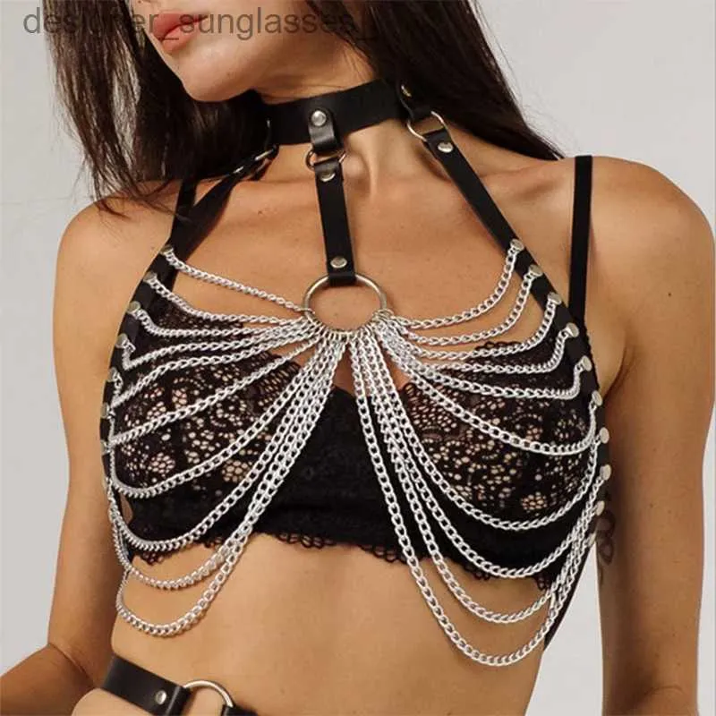Inne modne akcesoria Got seksowna skórzana łańcuch uprzęży stanik stąkania klatki piersiowej pasek czarownica gotycka punkowa moda metalowa dziewczyna festiwal biżuterii