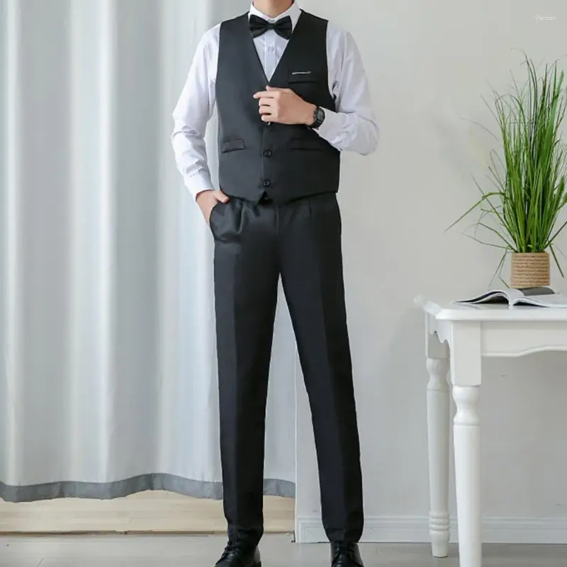 Men's Suits 3Pcs Men Suit Set Solid Color Buttons Vest Shirt Pants With Bow Tie Fashion Slim Mens Casual Business Groom Wedding Dress