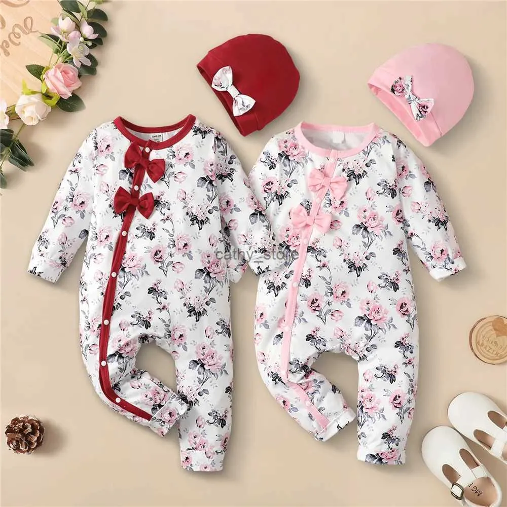 Rompertjes 0-18 maanden pasgeboren baby meisje romper kleding lange mouw bloem bodysuit kostuum mooie baby lente jumpsuit outfit met hoedL231114