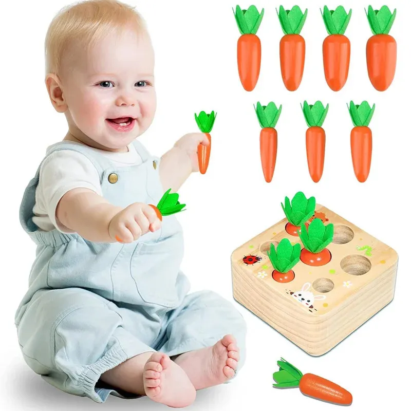 Intelligens leksaker montessori leksaker baby drar morot set träloy form matchande pussel barn kognition trä spel utbildning för barn 231215