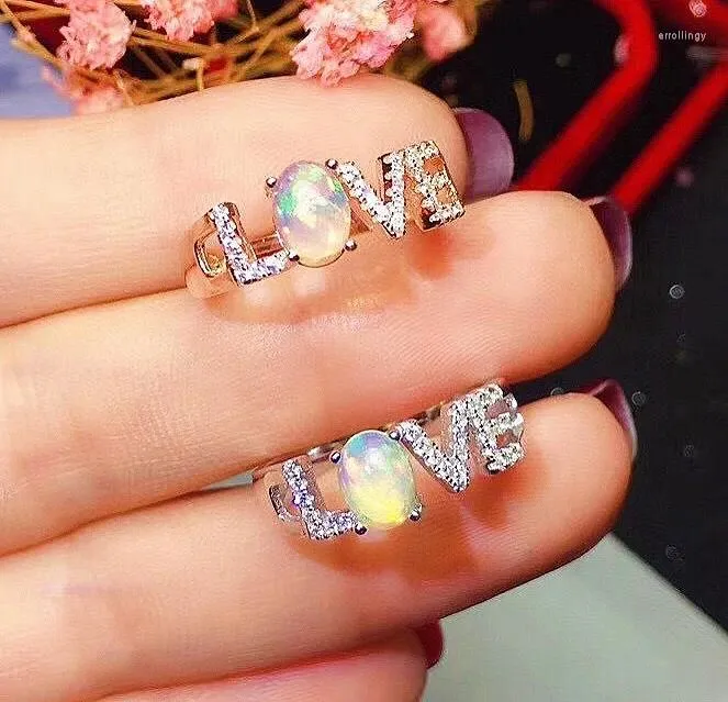 Küme halkaları moda kız için gümüş aşk yüzüğü 5mm 7mm doğal opal 925 mücevher mektubu hediye kadın