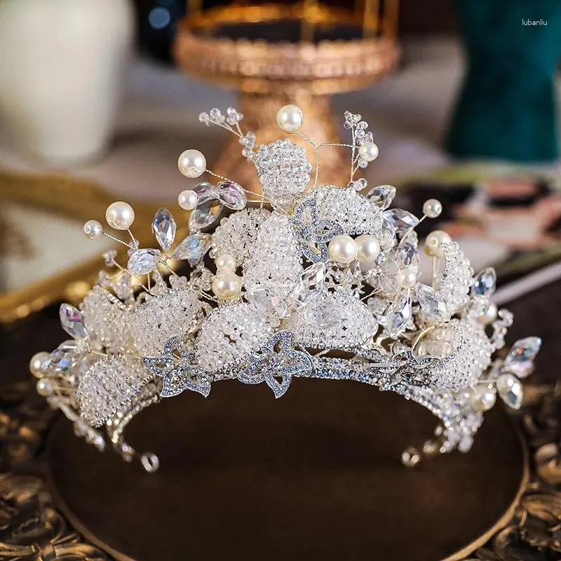 Saç klipleri gelin tiara kriste inci rhinestone düğün taç aksesuarları lüks gelin diadem headdress kafa bandı parti başlık mücevherleri