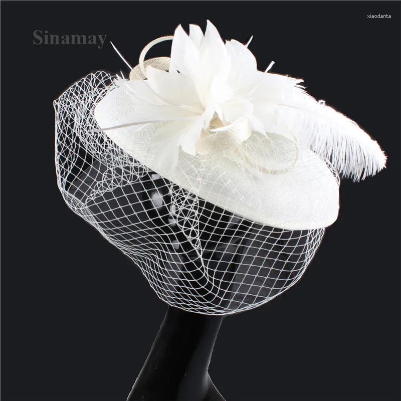 Kentucky Derby Grandes Penas Cabelo Fascinadores Chapéus Nupcial Mulheres Vintage Véu Millinery Headband Pena Fower Acessório