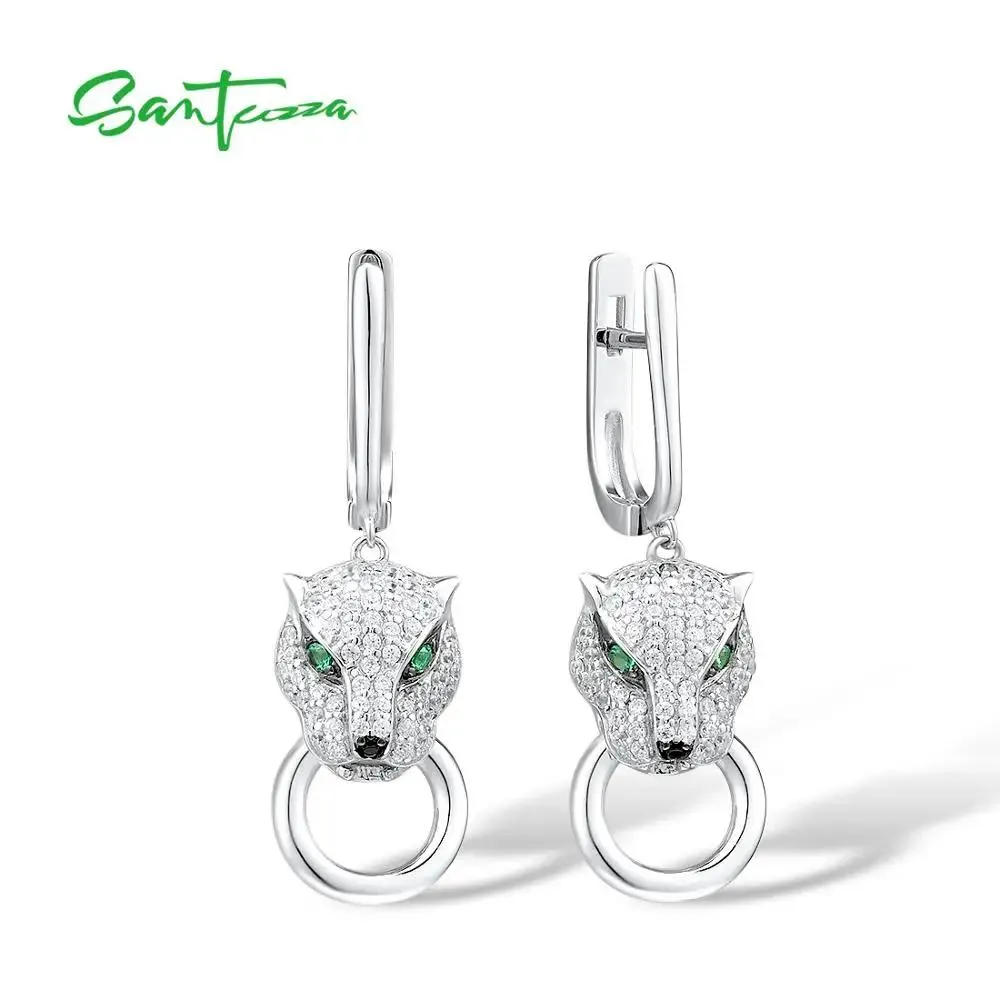 Stud SANTUZZA Silver Earrings For Women Pure 925 Sterling Silver Dangle Panther Earrings Long Cubic Zirconia brincos Fine Jewelry