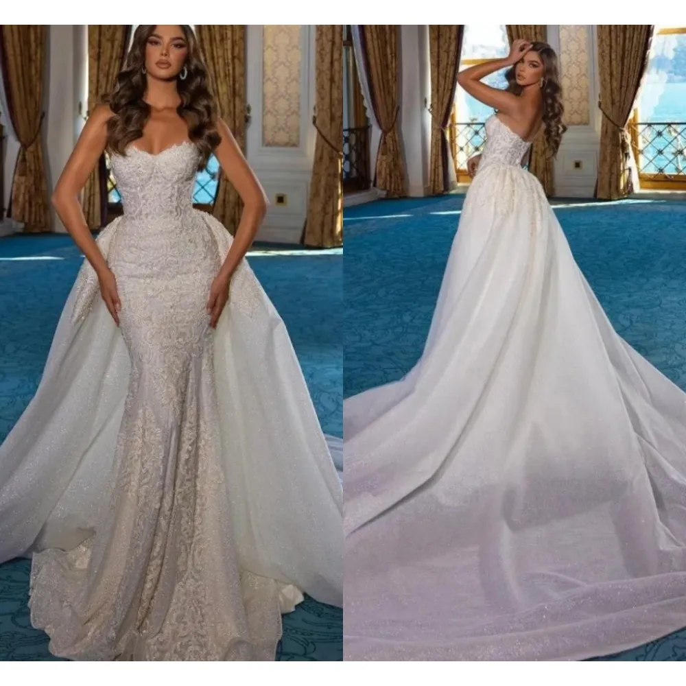 Stunningbride 2024 Sexy Sweetheart Neck Sleeveless Beading Mermaid Wedding Dress Gorgeous Appliques Detachable Train Princsss White Bridal Gown