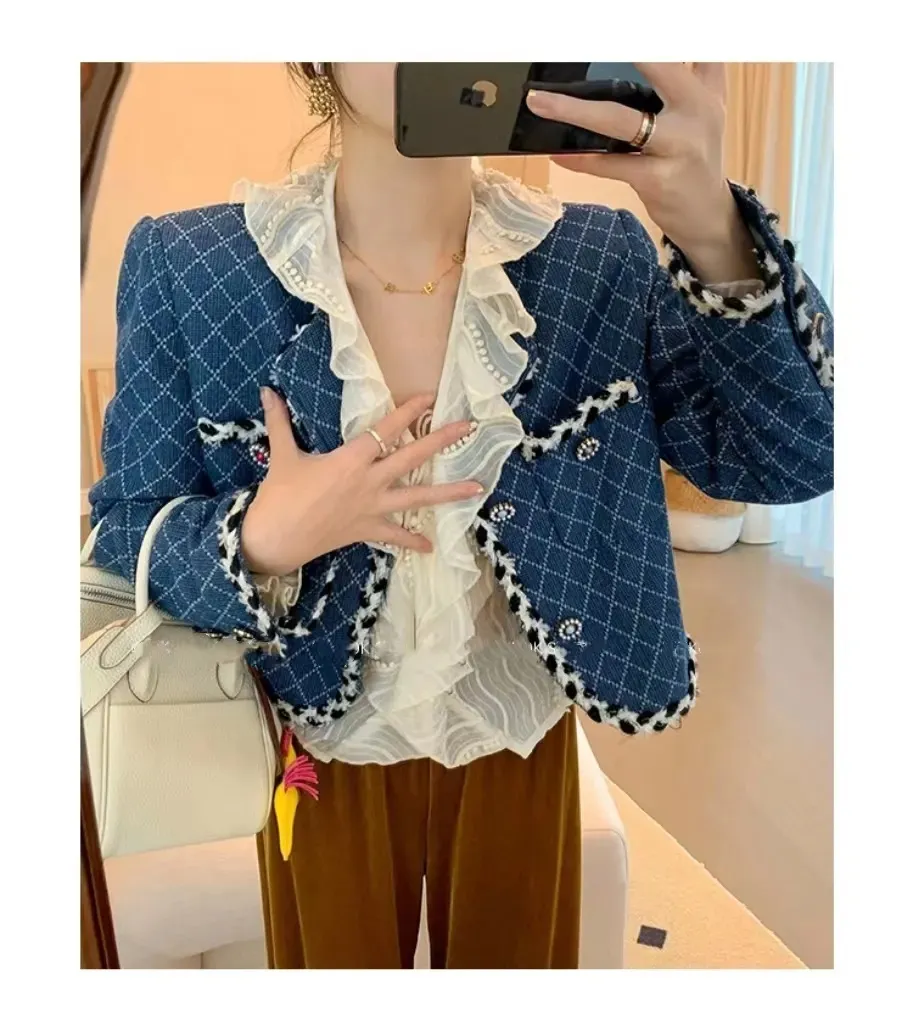 Chan CCC 2023 Printed Denim Coat clothing Couturier Fashion argyle denim Jacket casual