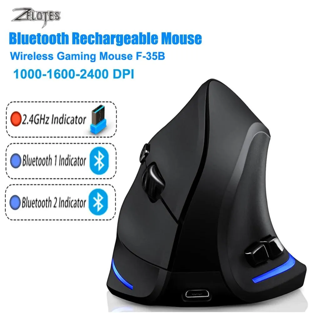 Ratones Zelotes Ratón Bluetooth Ratón inalámbrico vertical Recarga Óptico Rgb Ratones de juego USB para Windows 2400 Dpi 2.4g para Pubg Lol Cs