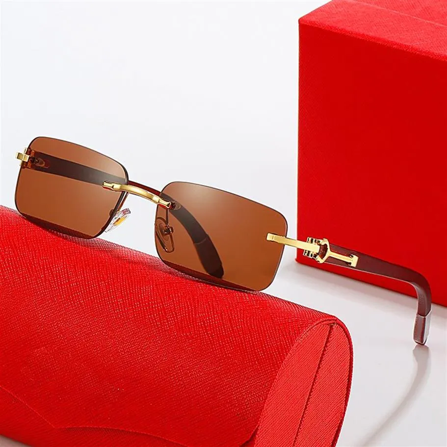 Óculos de sol para mulheres carti óculos designer óculos sem moldura marca de moda azul vermelho rosa lente ouro prata pernas de madeira Sunglas228g
