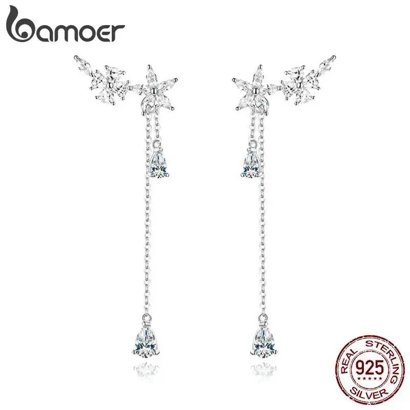 Stud Bamoer 925 Sterling Silver Long Tassel Drop örhängen Flower Zircon Dingle örhängen för kvinnor Bröllop Fina smycken BSE288