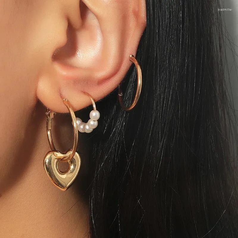 Boucles d'oreilles pendantes pour femmes, 3 pièces/ensemble, tendance, imitation perle, cœur, cerceau rond géométrique, bijoux cadeaux de fête