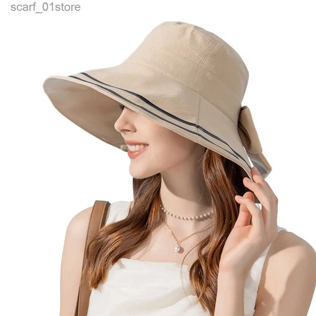 Wide Brim Hats Bucket Hats Women Summer Folding Bucket Hat for Beach Holiday La Spring Striped Bowler for Outdoor Sunscreen Elegant Sun Protection CL231216