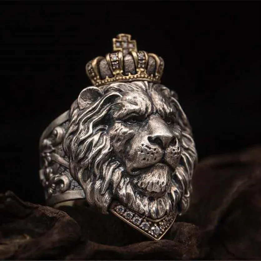 Bague Punk avec couronne d'animaux et Lion pour hommes, bijoux gothiques, grande taille 7-14, 283Q