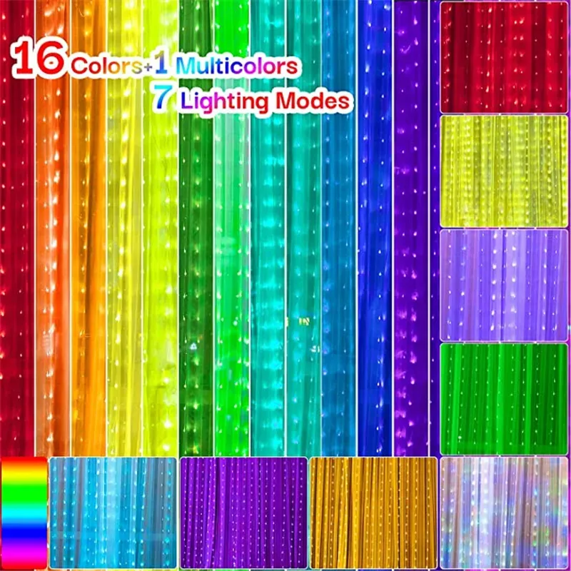 16 Kinds Variable Color Curtain Light String 3* 300 LED Flashing Fairy Lights 7 Modes Remote Control Hanging Drip Strings Bedroom Dormitory Party Decoration