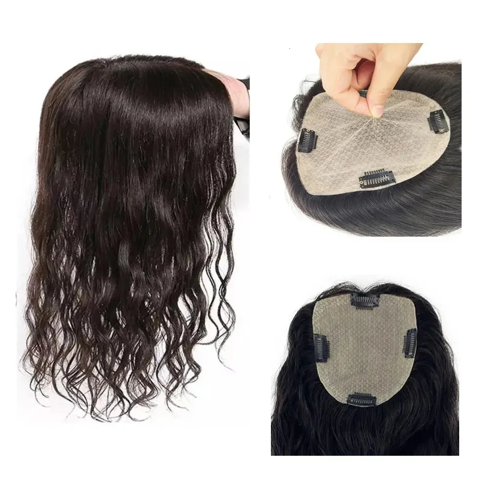 Sentetik peruklar bakire Avrupa saç üstü cilt alt 15x15cm ve 4 gevşek dalgalı klips, kadın nefes alabilen dokunsal ipek 231215