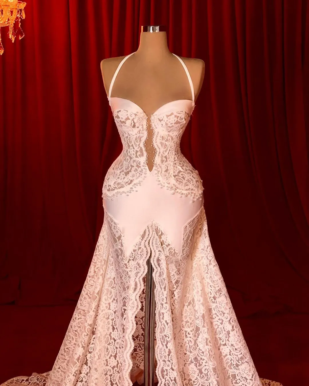 Sexy Halter Lace Wedding Dresses Vintage High Split Bridal Gowns Custom Made Floor Length Party Dress Vestido De Novia